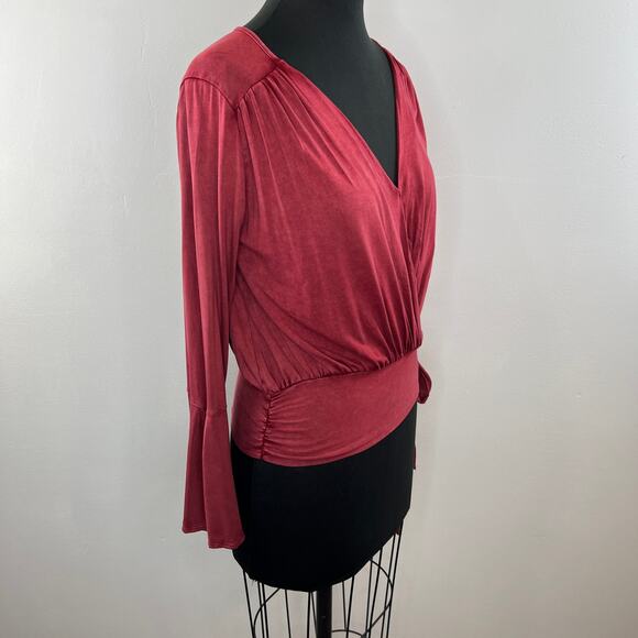 Anthropologie DELETTA Red Burgundy Sirpo Wrap Pullover Blouse Top Bell Sleeve XS - Picture 2 of 10